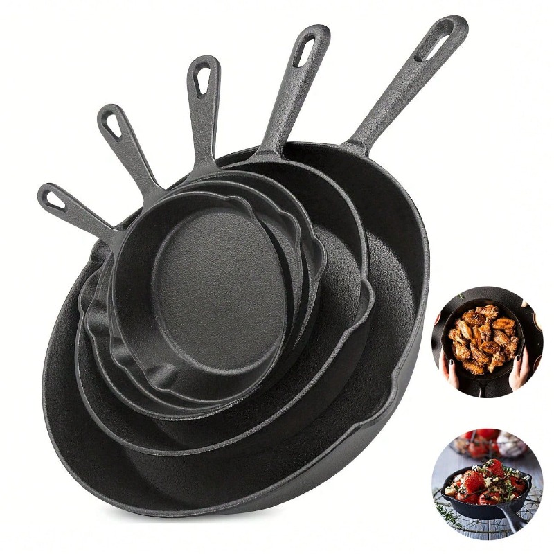 Quality Camping Cooking Set - Schwarze 3/4/5-teilige Gusseisen-Bratpfanne mit Auslaufschutz, vorgekochtes