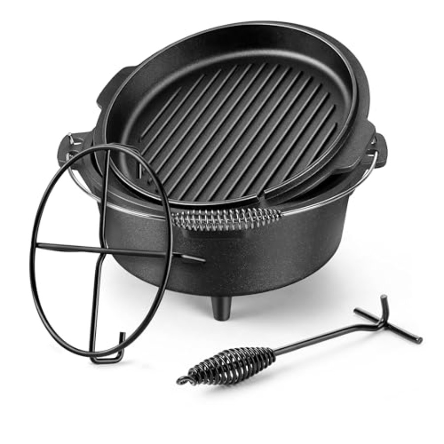 Camp Dutch Oven Cast - 7 QT Gusseisen-Dutch-Oven, Großer 2-in-1 Camping-Topf